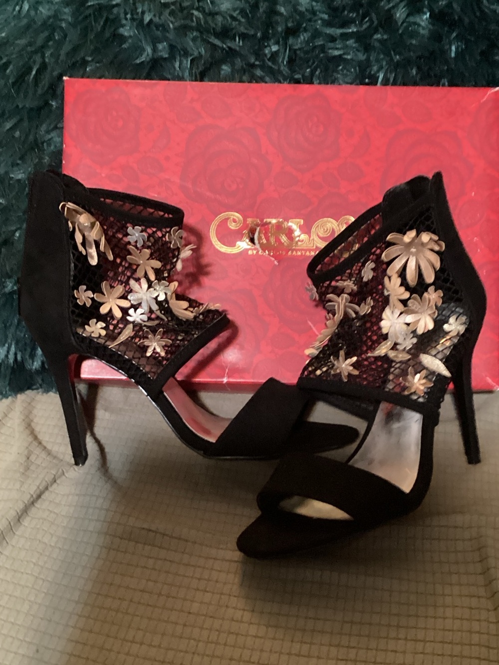 Carlos by Carlos Santana Black Floral Mesh High Heel Sandals with Gold Accents